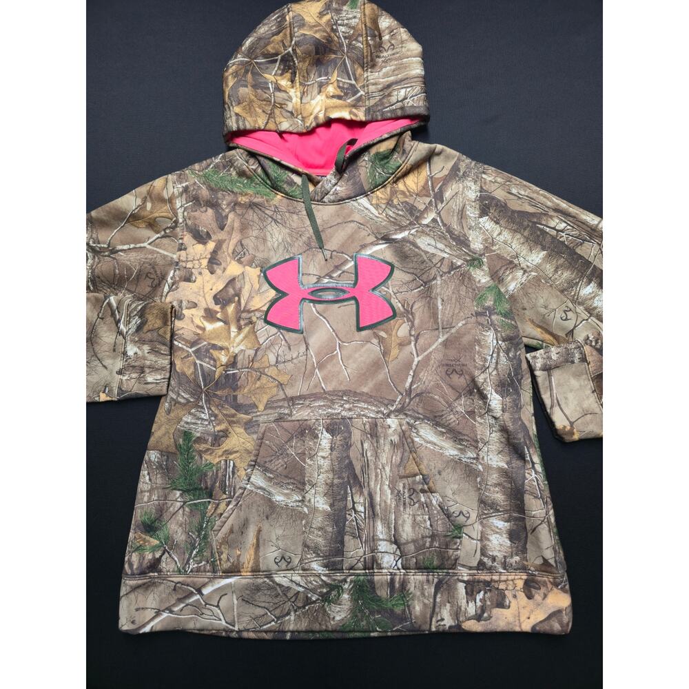 Under Armour Women's Realtree Camo Hoodie Pink Logo Fleece Lined XL Sweatshirt - Picture 2 of 11